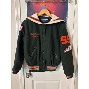 Vintage Holloway Varsity Jacket Womens L Green Wool Raider Band Sailor Hood 90s