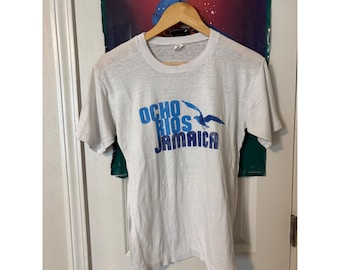 Camiseta vintage de Ocho Ríos Jamaica, blanca, con costura simple, estilo años 80, para hombre, talla pequeña.