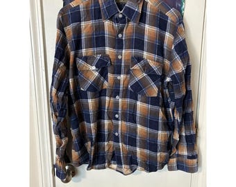 Woodland vintage geruit flanellen herenshirt marineblauw bruin grote L button-down