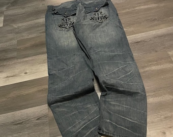 Jeansy męskie Blue Gear Premium z haftowanymi ćwiekami i krzyżem, niebieskie, 40x34, Y2K Streetwear