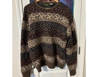 Boundary Waters Mens XL Wool Blend Fair Isle Sweater Brown Made in Italy Vintage