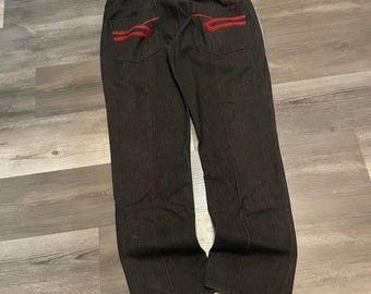 Mecca Mens Black Denim Jeans Red Embroidered Back Pocket Y2K Streetwear 38x32