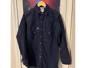 Camisa jeans vintage Carhartt Western masculina 15 1/2 x 34 manga comprida roupa de trabalho