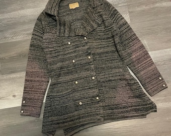 Cárdigan de punto jaspeado vintage de doble botonadura, gris y negro, talla mediana (años 40).