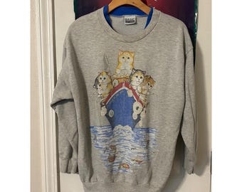 Sudadera Vintage Basic Editions Cat Fishing, gris, con doble cuello, talla grande para hombre.