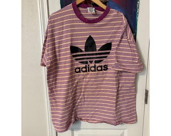 Vintage Adidas Trefoil Striped T-Shirt Made in USA Purple Yellow Mens L XL 90s