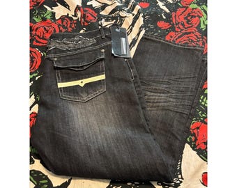 Redemption Denim G708 Mens Faded Black Embroidered Y2K Straight Leg Jeans 44x32