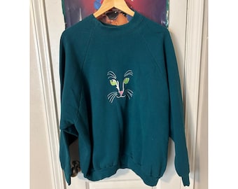 Vintage Fruit of the Loom Katze Besticktes Sweatshirt Teal Grün 3XL 90s Herren