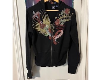 Cruel Girl Black Graphic Zip Up Hoodie Tattoo Wings Crown Rose Embroidery y2k
