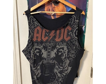 ACDC Black Ice Graphic Tank Top Mens Black Distressed DIY Cut Off Rock Band Tee