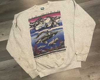 Vintage jaren 90 Sea World Tultex-sweater distressed medium grijs Focus On The Future