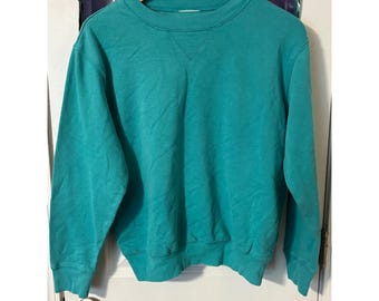 Sudadera vintage lisa de cuello redondo verde azulado con costura en V, jersey de felpa talla M