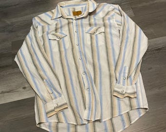 Scorpio USA Camicia da uomo Western Pearl Snap Taglia L a righe blu e beige, maniche lunghe