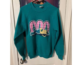 Sudadera vintage Gopner Sport con estampado de gato en color turquesa para hombre, talla M, años 80 y 90, estilo raglán.