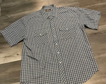 Camicia western da uomo Outlaw Western Wear a maniche corte, blu a quadri, con bottoni a pressione in madreperla, taglia XL