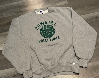 Sudadera vintage Russell Athletic Cowgirl de voleibol, color gris, talla grande para hombre, con costura en V.