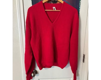 Jersey de punto vintage rojo de lana y mohair con cuello en V para hombre WPL 7373