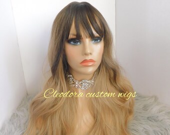 Wig Pamela/Machine Sewn Luxury Synthetic Wig with Bangs /Dark Ash Brown with beige blonde Ombre/Wig length 20 inches/Fits Head Size Medium