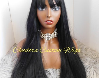 Wig Ida/Machine Sewn Luxury Synthetic Wig with Bangs /Black colored wig/Wig length 22inches/Fits Head Size 22- 23” (Medium)