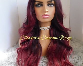 Ombré Body Wave Wig: Black to Red, Middle Part Lace Front, 22 inch