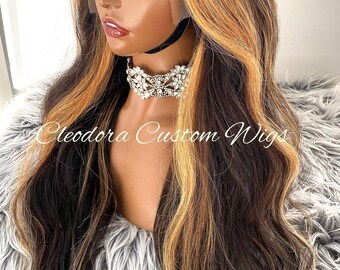 24" Body Wave Cambodian Human Hair Wig: Honey Blonde Highlights