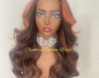 Handmade Raw Cambodian Human Hair Wig: Auburn Highlights, 20" Loose Wave