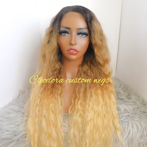 Wig Brandy 2/Machine Sewn Luxury Synthetic Side -part Wig/Black Ombre Golden Hair Color /Wig length 26” /13*4 Lace front Wig