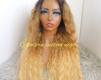 Black Ombre Golden Deep Wave Wig: 26" Synthetic Lace Front Wig