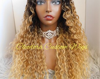 Ombre Deep Wave Wig: Black to Blonde Synthetic Hair, 20 Inch
