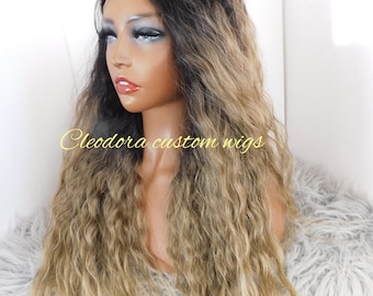 Deep Wave Ombre Wig: Black to Ash Brown, 26" Lace Front Wig