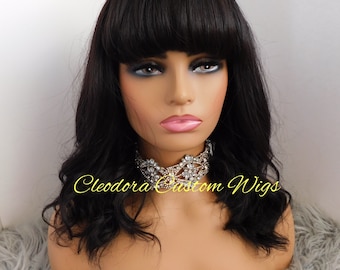 Handmade Cambodian Virgin Human Hair Wig: Chinese Bangs, Loose Curls, 12" 4x4 Lace Closure