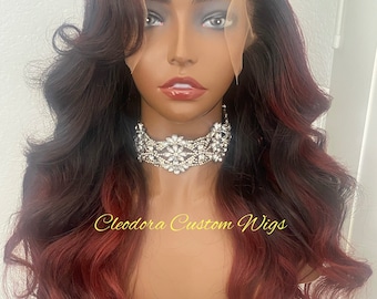 Handmade Raw Cambodian Human Hair Wig: Black Cherry Ombre, 20" Loose Wave