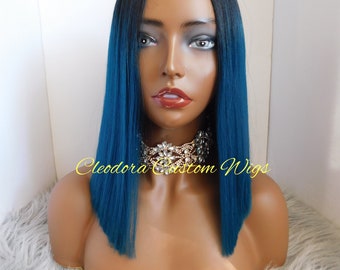 Teal Bob Wig: Black Roots, 10 inch Synthetic Hair (22-23" Head)
