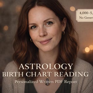 Könnte beinhalten: Eine Frau mit rotbraunem Haar und goldenen Creolen ist der Mittelpunkt dieses Bildes. Text-Overlay lautet "Astrologie Geburtshoroskop-Lesung" und "Personalisierter schriftlicher PDF-Bericht". Ein Banner oben rechts besagt "4.000-5.000 Wörter Keine generischen Horoskope."