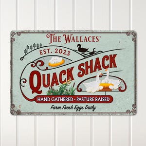 Quack Shack Sign – Farm Fresh Eggs Old Sign, Cute Farmhouse Decor, Vintage Photo House Sign, Metal Wall Decor, Personalized Gift
