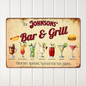 Bar and Grill Sign with Family Name – Custom Outdoor Metal Wall Art, Rustic Vintage Decor, Personalized Housewarming Sign for Home or Patio