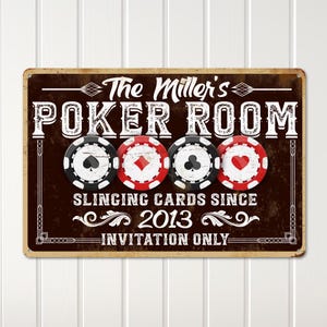 Personalized Poker Sign for Game Night, Game Room Sign with Custom Name, Rustic Decor for Man Cave, Vintage Metal Wall Hanging Art