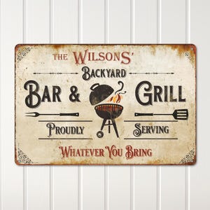 Personalized Bar and Grill Sign with Family Name – Custom Housewarming Sign for Home or Patio, Outdoor Metal Wall Art, Rustic Vintage Decor