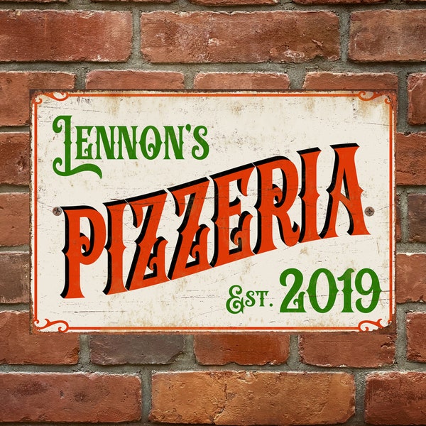 Personalized pizzeria sign with custom name and date established; vintage metal sign for pizza shop or home decor for kitchen