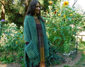 Crochet pocket shawl, Pocket Shawl, Crocheted shawl with pockets,