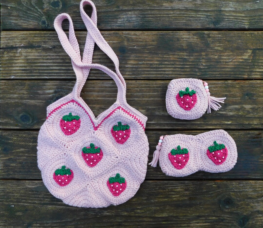 Crochet Strawberry Tote Bag Set Strawberry Wallet Strawberry Pouch