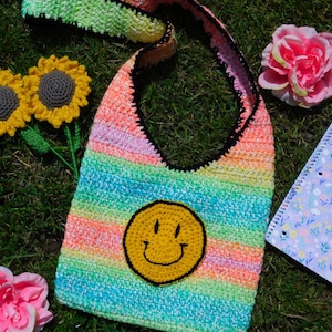 Crochet neon smiley bag, crossbody bag, summer bag, beach bag,  Crochet Happy face bag