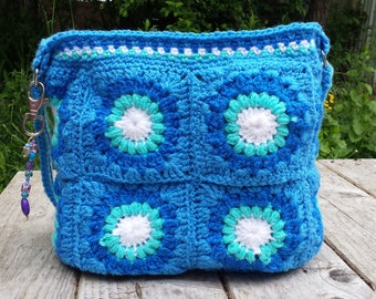 Crochet Bag Granny Square Lined Bag, Crochet Purse, Crochet tote Bag, Retro Style, Gift for Her, Vintage Style, Blue,Keychain,Project bag