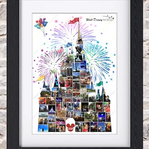 Può includere: Un collage di foto a forma del Castello di Cenerentola a Walt Disney World. Il collage è circondato da fuochi d'artificio e stelle. Il testo "Walt Disney World" è in alto nell'immagine. L'anno "2018" è in basso nell'immagine.