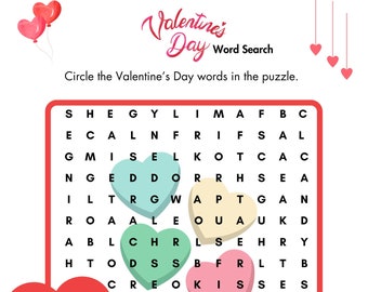 Colorful Valentine&#39;s Day Word Search Puzzle for Kids