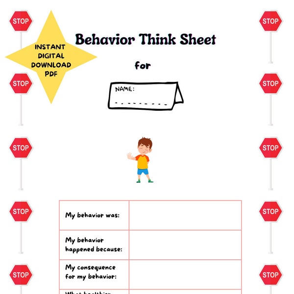 Behavior Stop and Think Worksheet PDF for Behavior Control and Self Reflection Worksheet