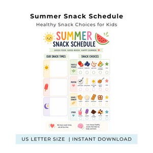 Può includere: Un programma di spuntini estivi con illustrazioni colorate di frutta, verdura, proteine e cereali. Il documento include sezioni per gli orari e le scelte degli spuntini, con il testo Summer Snack Schedule, Good Food, Good Mood, Happy Summer.