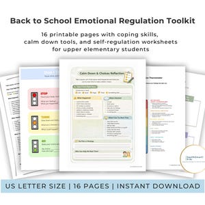 以下が含まれることがあります： 「Back to School Emotional Regulation Toolkit」と題された、印刷可能なワークシートのコレクション。 上級小学校の生徒向けの、対処スキル、落ち着かせるツール、自己調整エクササイズが特徴です。 テキストには「STOP、THINK、GO」と「Calm Down & Choices Reflection」が含まれています。