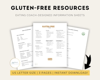 Peut inclure: Trois pages de feuilles d'information sans gluten imprimables. Les feuilles comprennent une liste de farines sans gluten, de céréales, de pain et de substituts de pain, de condiments et d'assaisonnements, et d'édulcorants. Le texte "Gluten-Free Swaps" est en haut de la page.