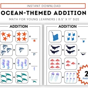 Ocean Theme Addition Math Worksheets for Young Children Pre K Kindergarten Elementary Students